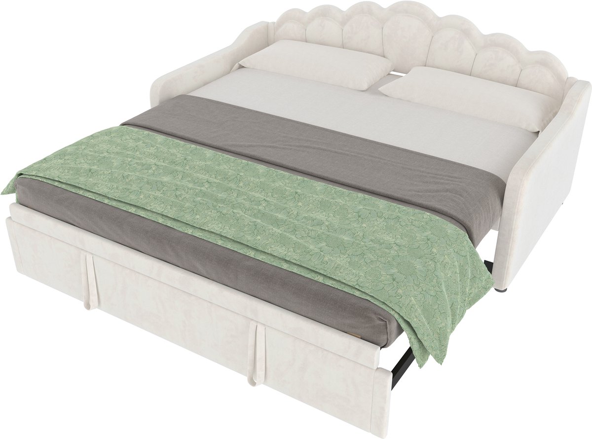 MODFU Dagbed met Uitschuifbed 90x200 cm – 180x200 cm uitgeklapt – Golvend hoofdbord – LED – Fluweel beige – Bedbank
