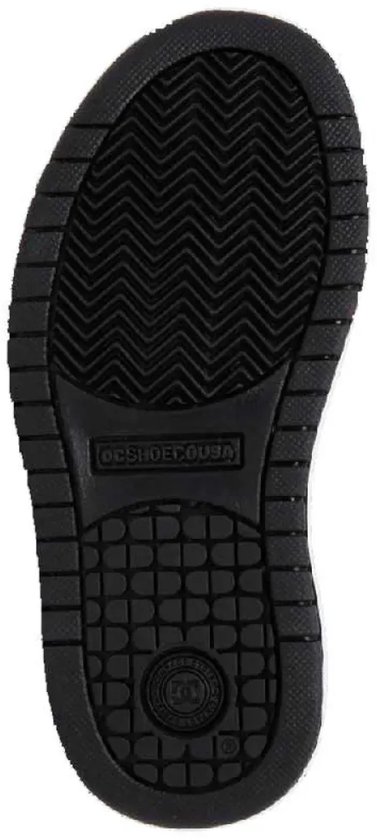 Zool van een zwarte DC Shoes sneaker met merklogo's en profiel.