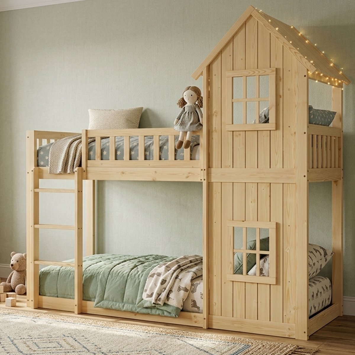 REDOM Stapelbed 90x200 cm – Huisbed Met Ramen En Trap – Speels Kinderbed Voor Kinderkamer – Met Omranding En Lattenbodem – Grenenhout En MDF – Naturel Natuurlijk