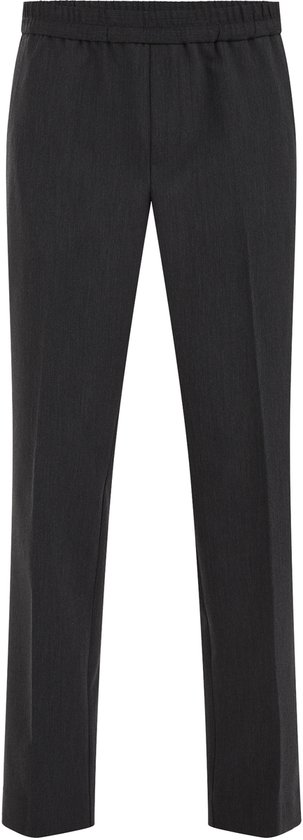 Donkergrijze pantalon met rechte pijpen en een elastische tailleband, op witte achtergrond.