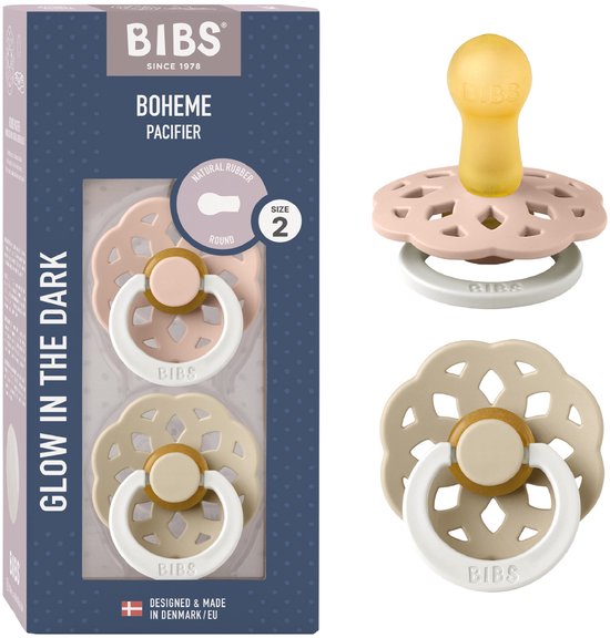 BIBS Boheme speen verpakking met twee spenen in blush en crème met gouden ringen. De spenen zijn maat 2, rond, en glow-in-the-dark.