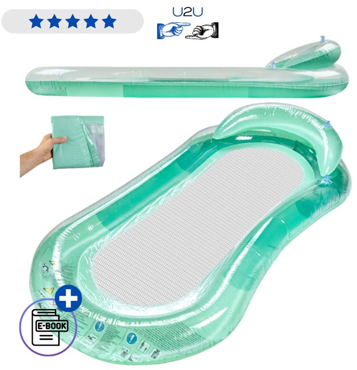 Opblaasbaar Watermatras Turquoise 159x77 cm - Zwemmatras Met Rugleuning Hoofdsteun En Mesh Bodem - Drijvend Luchtbed Voor Zwembad Strand Meer En Vakantie Tot 90 kg Comfortabel Relaxen Met Ebook