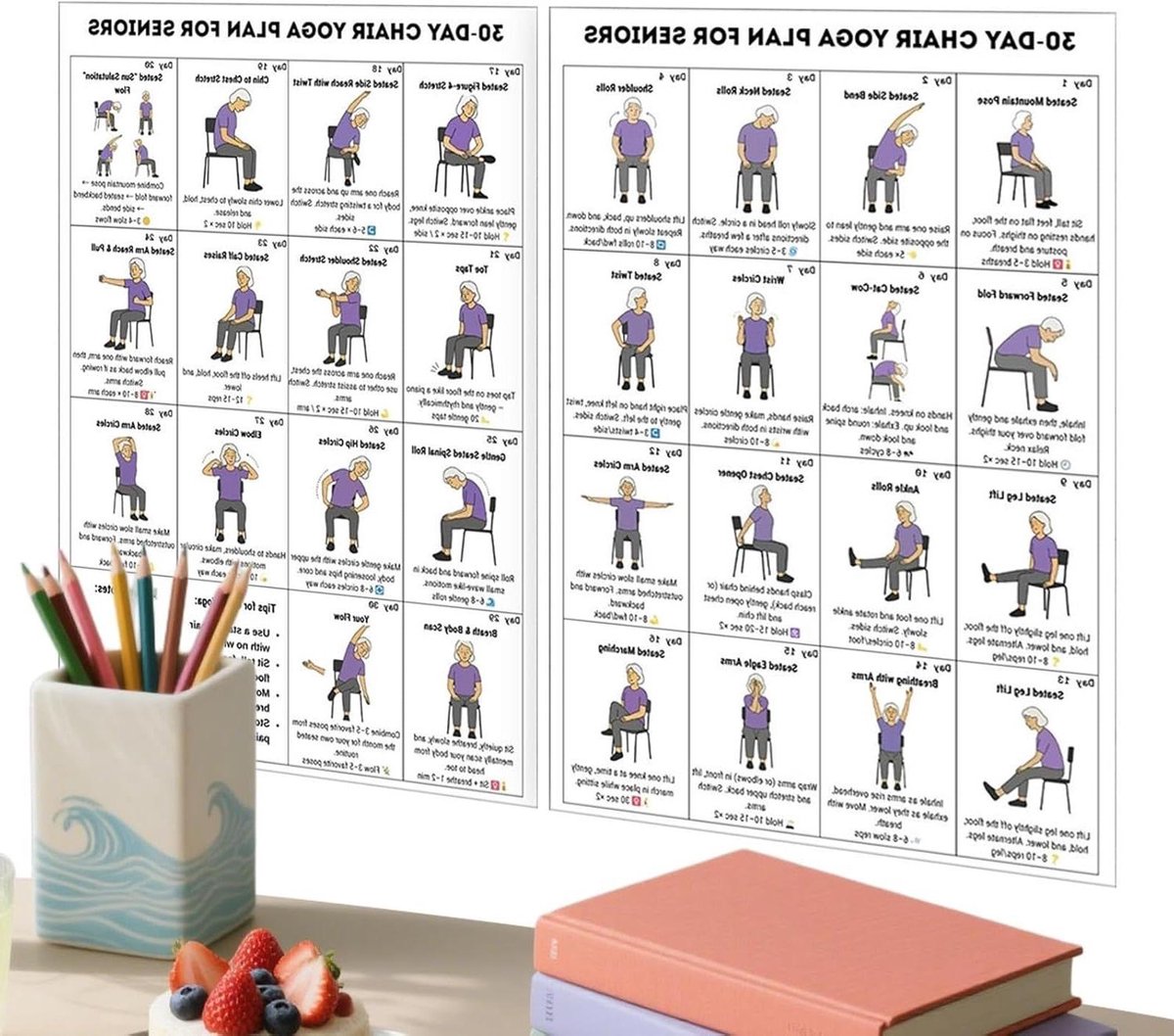 Stoeltrainingstabel - Fitness Poster - Zittend Oefenen - Gewrichtsvriendelijke Bewegingen - 20x25 cm - Blauw