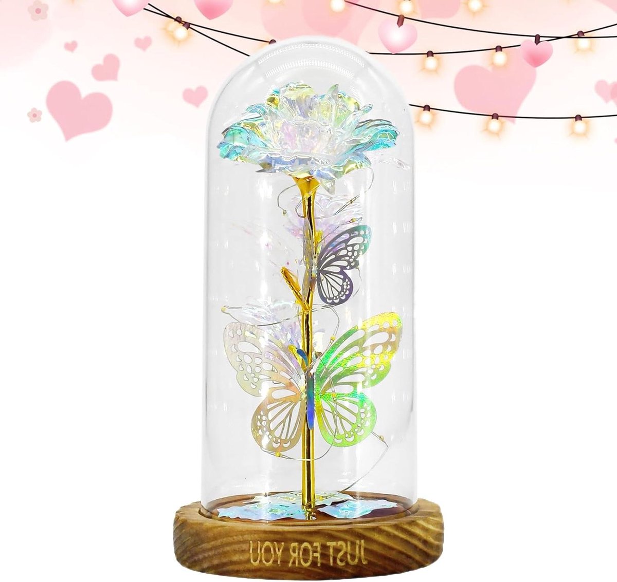 Glazen Roos Decoratie - Kunstbloem Terrarium - Sfeervolle Verlichting - Nostalgisch Meesterwerk - 13x13x13 cm - Transparant