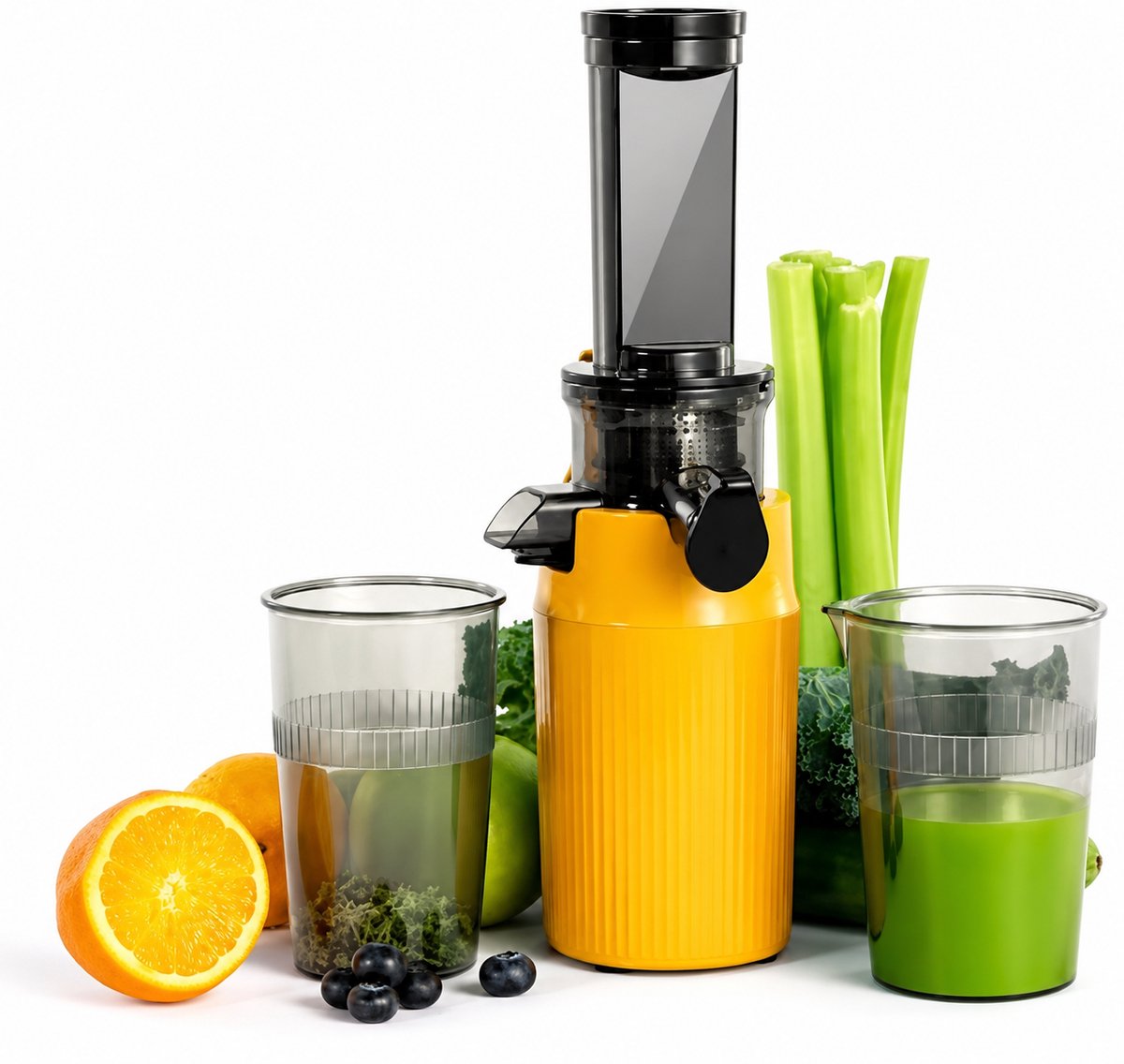 Sapcentrifuge - Koudpers Slowjuicer - Elektrische Vruchtenpers voor Groente en Fruit - Compact Keukenapparaat - BPA Vrij Polycarbonaat - Geel - 35,9 x 15 x 15,2 cm - Geschikt voor Dagelijks Gebruik - Met Dubbel Filter en Anti Drupsysteem