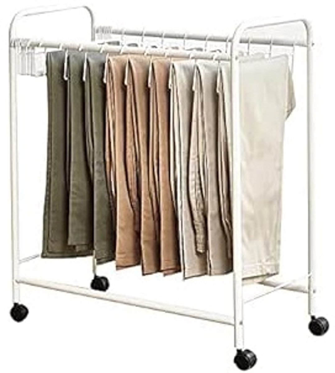 Uittrekbaar Broekrek met Lade Design en 10 Haken & 4 Zwenkwielen – Multifunctioneel Kledingrek voor Hosen, Schals & Accessoires – Ruimtebesparend Kleerhanger Systeem voor Slaapkamer, Studentenhuis & Wasruimte