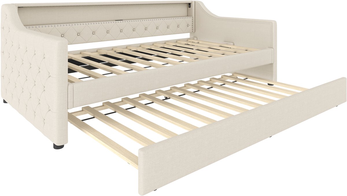 VVBV Slaapbank 1 persoons / Bedbank 90x200 – met LED-Verlichting, USB, Stopcontact, Lattenbodem – Linnen – Beige – Zonder Matras