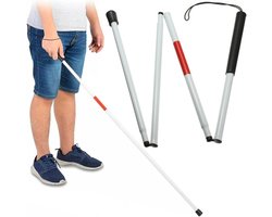 Folding Cane, 124 cm, White Aluminium Stick, 4 Pieces, Foldable for the Elderly and People with Low Visibility