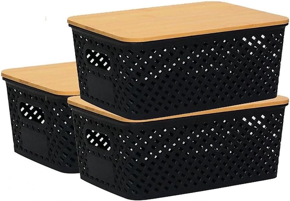 Opbergdozen - Stapelbare kisten - Keuken organiseren - Met bamboedeksel - 5 liter - Zwart