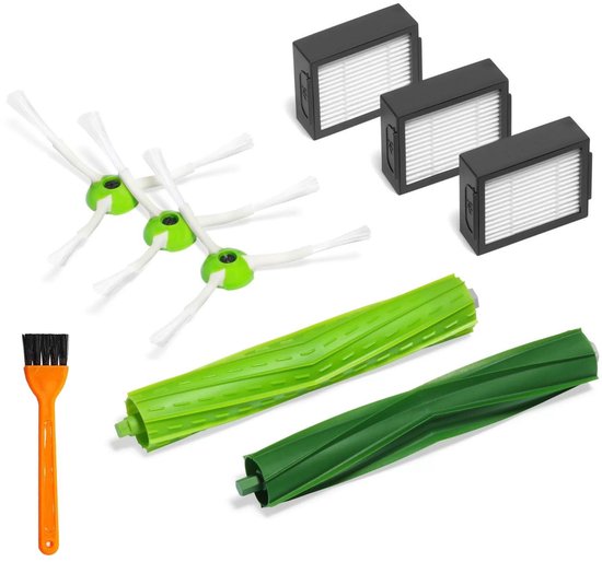 Een onderhoudsset voor een iRobot Roomba met drie grijze filters, twee groene borstels en drie groene borstelkoppen met witte borstelharen.