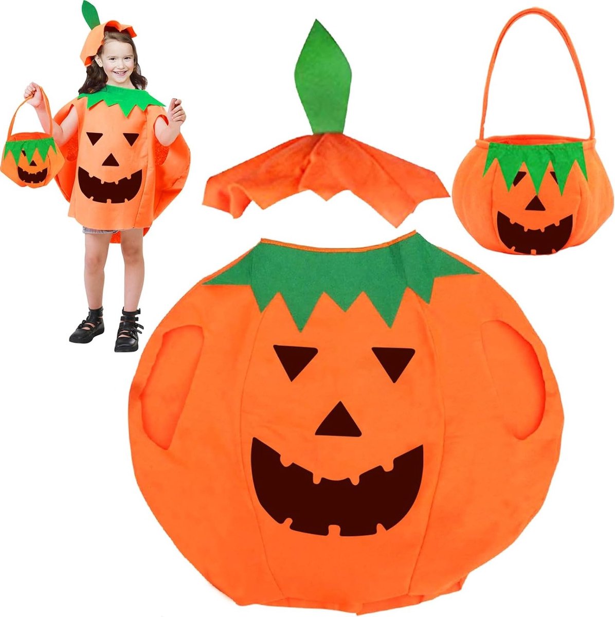 Halloween Kostuum voor Kinderen - 3-delig Pompoen Kostuum met Hoed en Snoepzak voor Jongens en Meisjes
