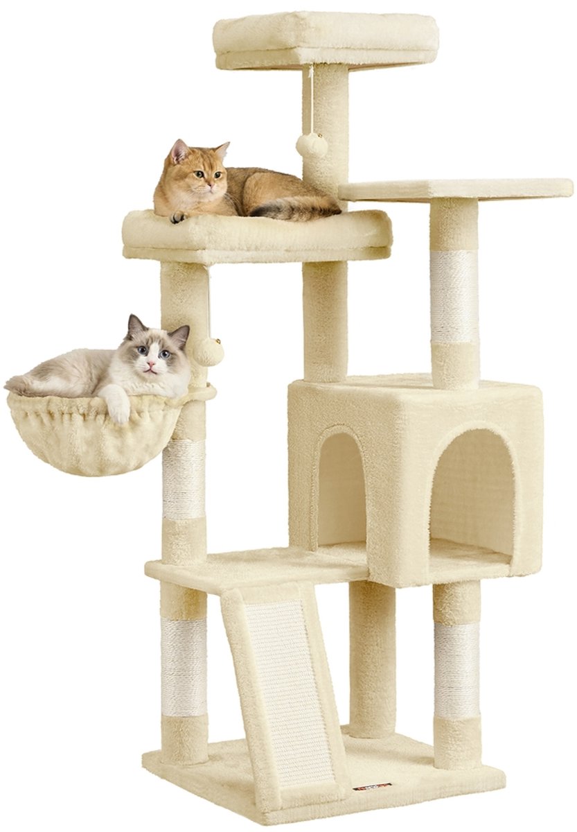 Krabpaal - 136 cm - Sisal en pluche - 3 platforms - Grot met hangmatten