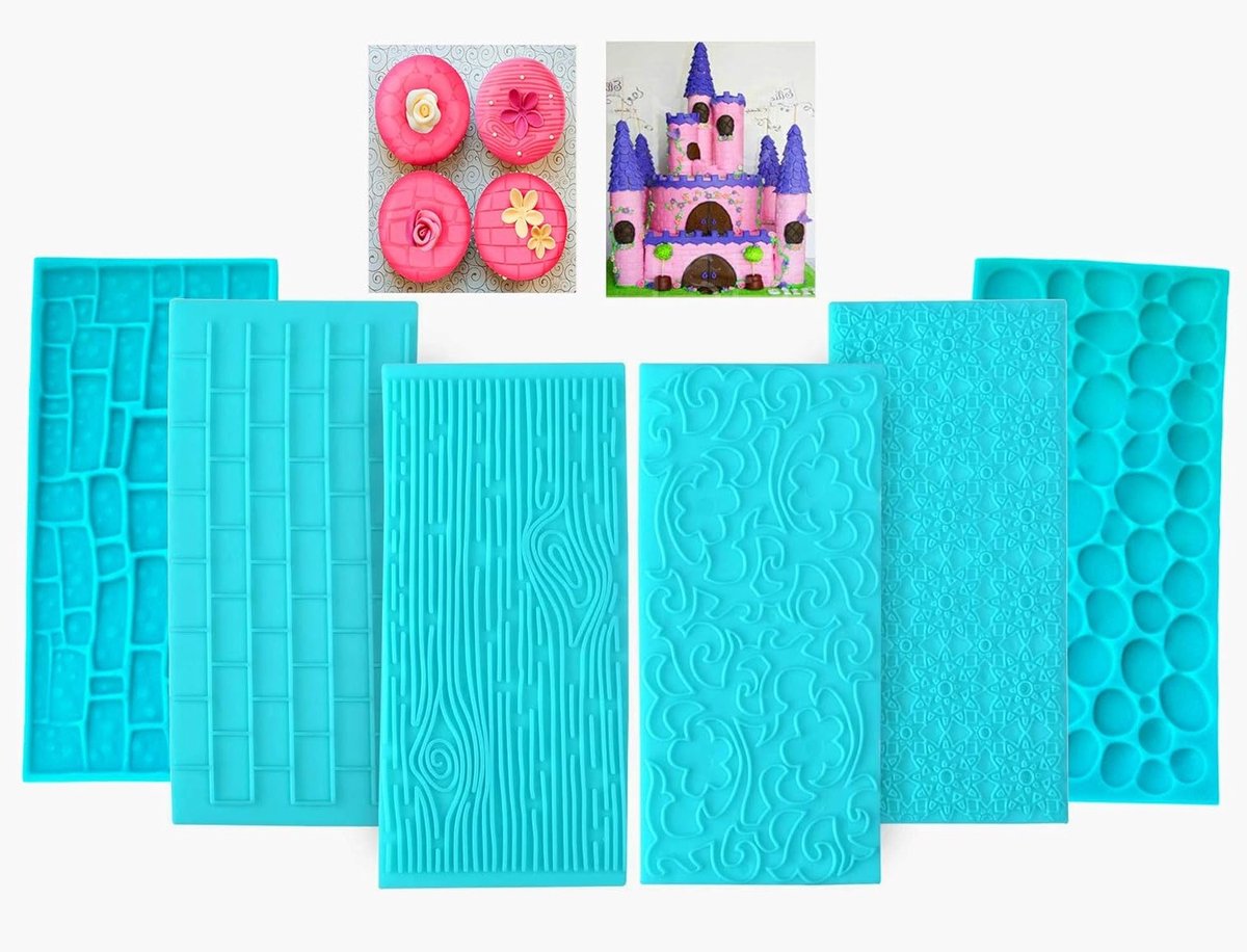 Embossemat voor Fondant - Set van 6 met Diverse Designs - Perfect voor Taartdecoratie - Baksteen, Hout, Bloemen - Inclusief Glaceerset - Geschikt voor Taarten, Cupcakes en Gebak
