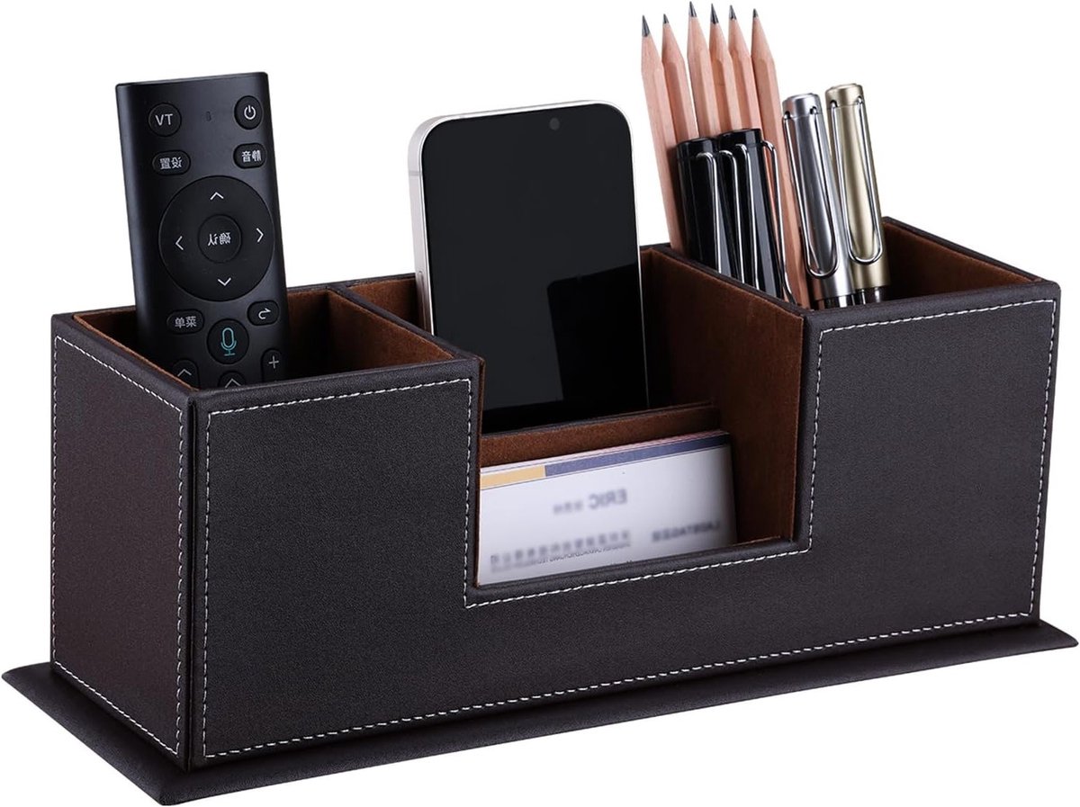 Multifunctionele Houten Bureau Organizer van Leer voor een Opgeruimde Werkplek in Bruin