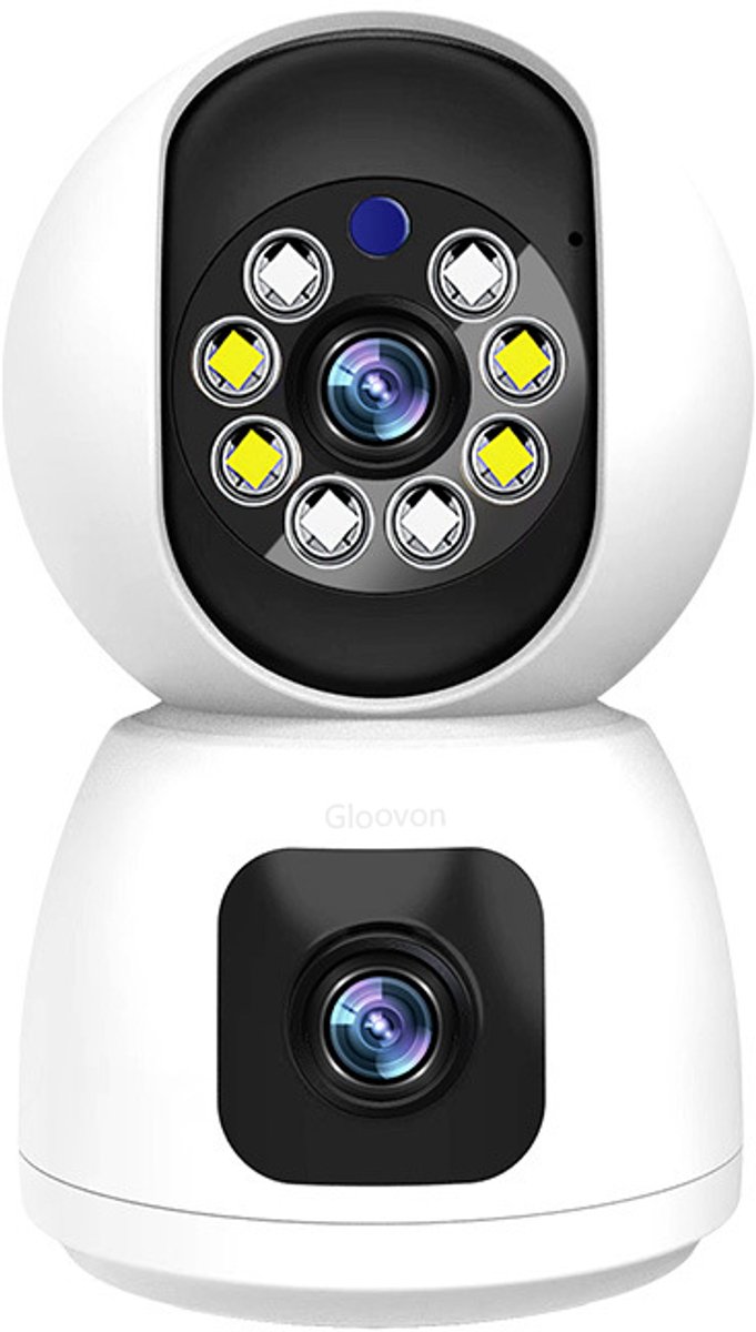 Gloovon® Dual-Lens Beveiligingscamera Binnen - 2MP Full HD - 360° Draaibaar - Kleuren Nachtzicht - AI Persoonsvolging - Inclusief 32GB SD-kaart - Wit