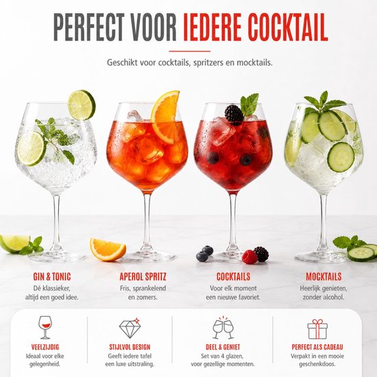 alpina Cocktailglazen 4 Stuks - Glazen voor Gin Tonic, Aperol Spritz en Cocktails - Gin & Tonic Glas 73 cl - Cocktailset - Glas
