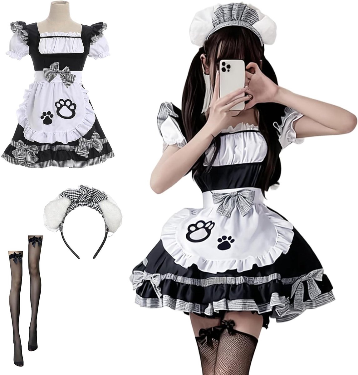 Zwart-wit kattenmeisje kostuum met strik, schattige catgirl jurk en haarband voor Halloween, carnaval en feestjes