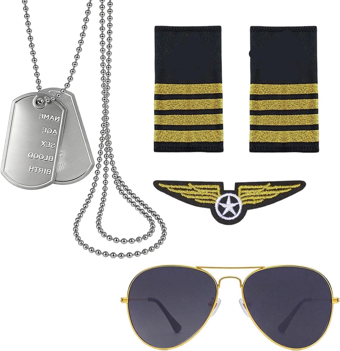 Set van 4 Piloten Kostuumaccessoires met Zonnebril, Schouderflappen en ID-tag voor Feest, Verkleedpartijen en Theatrale Optredens
