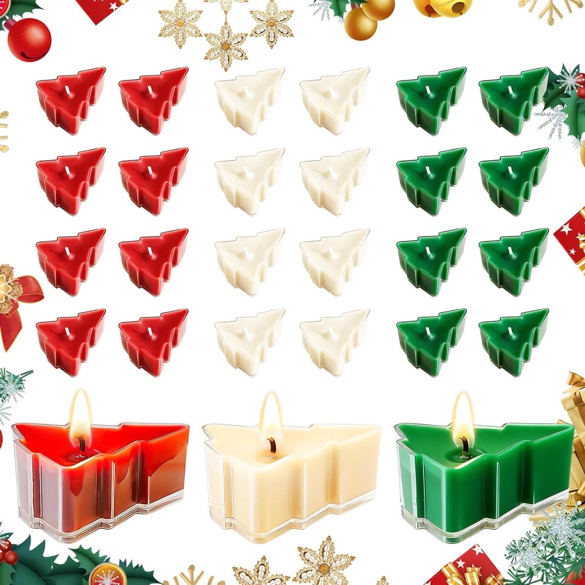 Set van 24 Kersttheelichten, Decoratieve Theekaarsen voor de Kerstboom, Geurige Kaarsen voor een Sfeervolle Kerstdecoratie en Ontspanning tijdens Feestjes