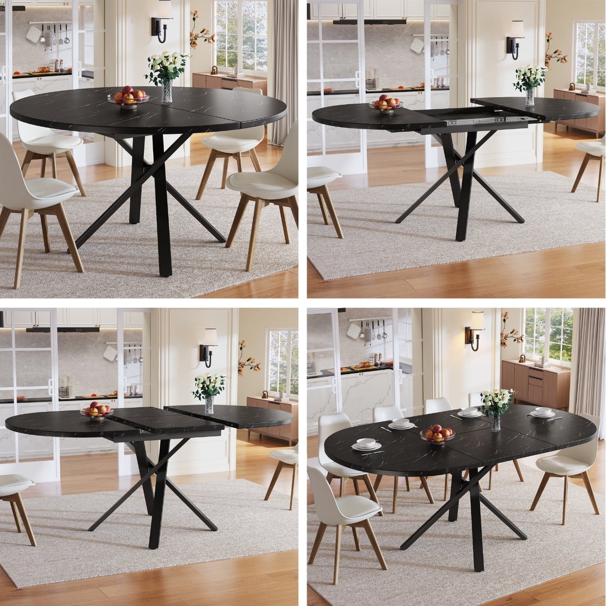 Clruro Ronde Eettafel - 100(140) cm - Uitschuifbare Tafel Marmorlook - Keukentafel Ontbijttafel - Metaal/MDF - Zwart