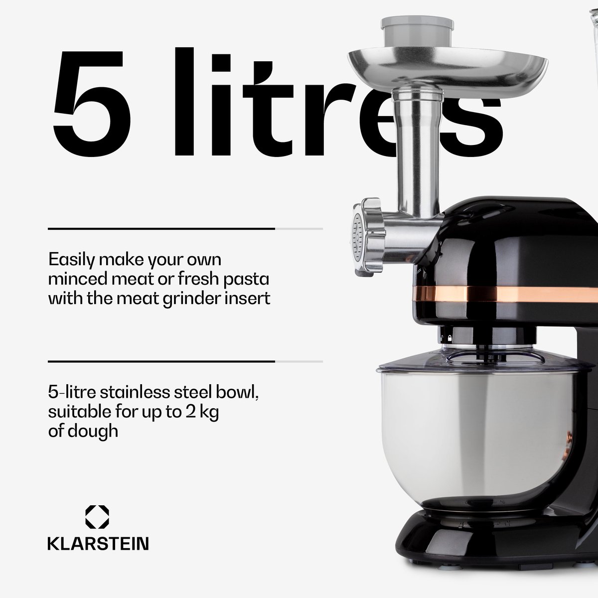 Klarstein Blender Knetmaschine keukenmachine met Fleischwolf, 1800W Teigmaschine klein, 6 standen, Schneebesen & Knethaken, planetair roersysteem, roermachine met Mixer, keukenmachines met 5L kom - voor Keuken - RVS - Standmixer — afbeelding 7