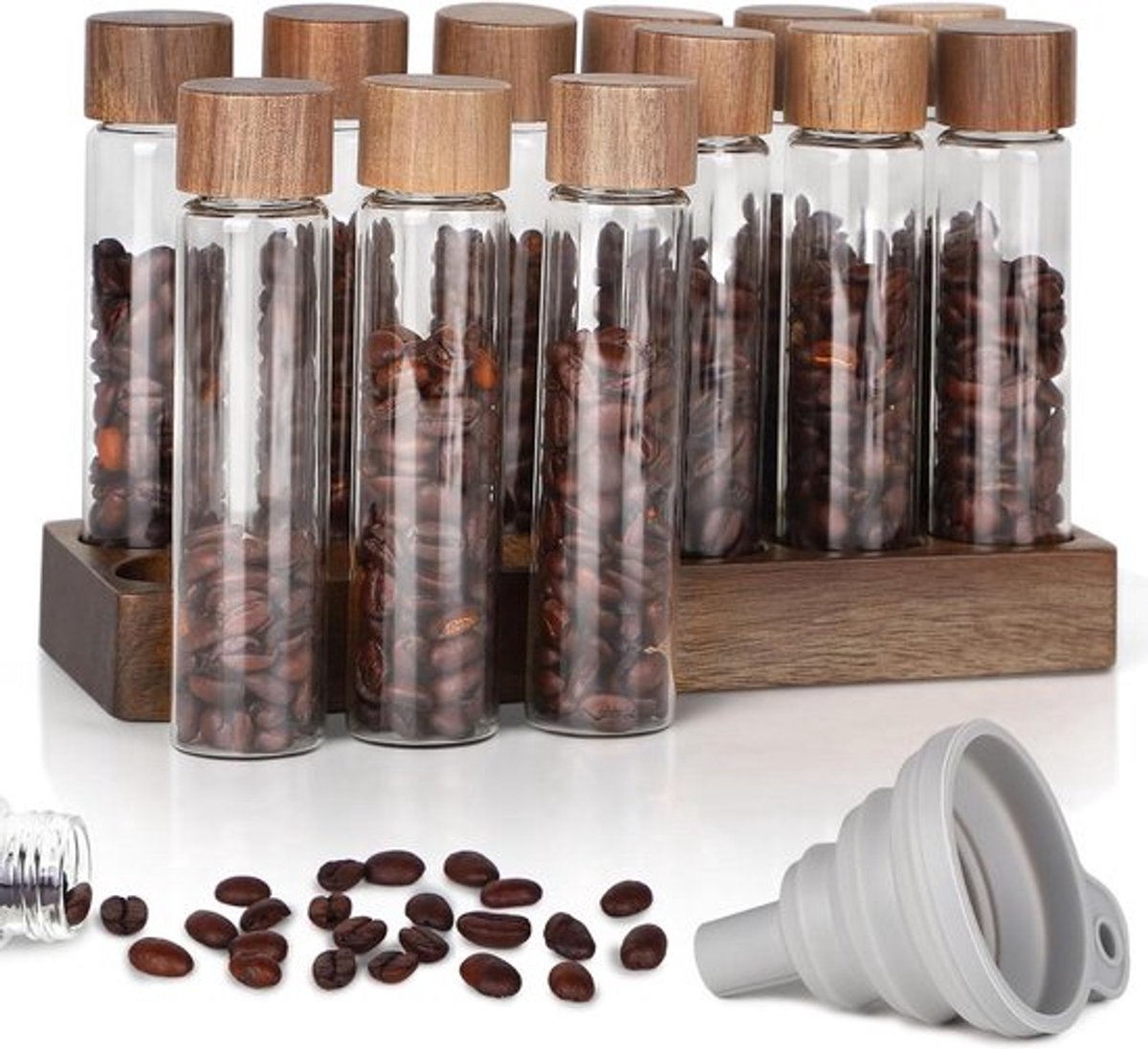 Koffiebonen opslagcontainers 12-delig met houten standaard