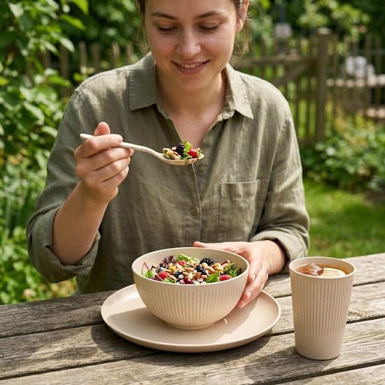 Beige camping servies dames en heren 3 delige servies set met bord kom en beker lichtgewicht PP tafelgerei voor kamperen picknick outdoor reizen en dagelijks gebruik — afbeelding 4