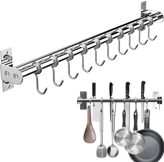 RVS keukenrek met 10 haken, getoond met messen en keukengerei, en een tweede afbeelding toont de lege rail.
