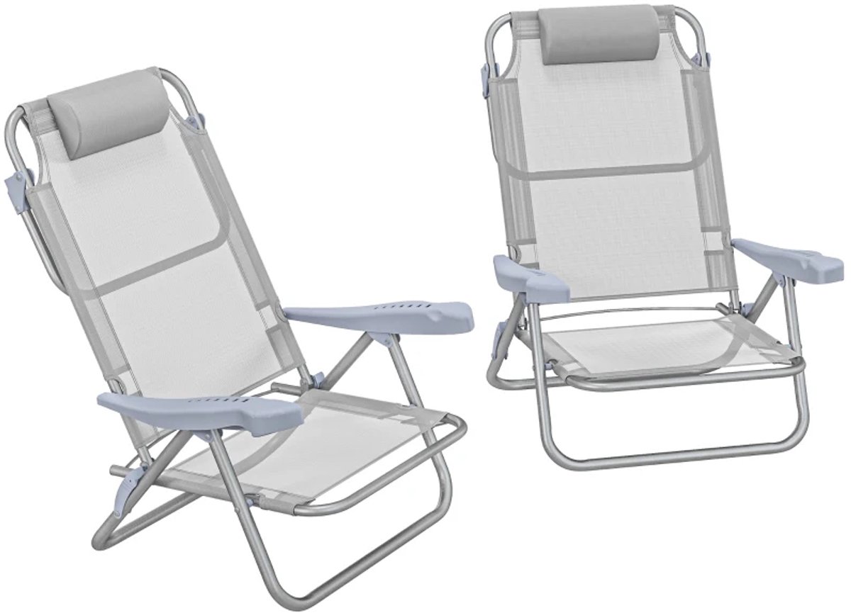 Set van 2 Opklapbare Campingstoelen - Ligbed met Hoofdsteun - Ligstoel met 6-standen Verstelbare Rugleuning - Tuinstoel - Strandstoel - tot 120 kg - Zonnebed - Relaxstoel voor Tuin, Terras, Zwembad & Balkon - Lichtgrijs