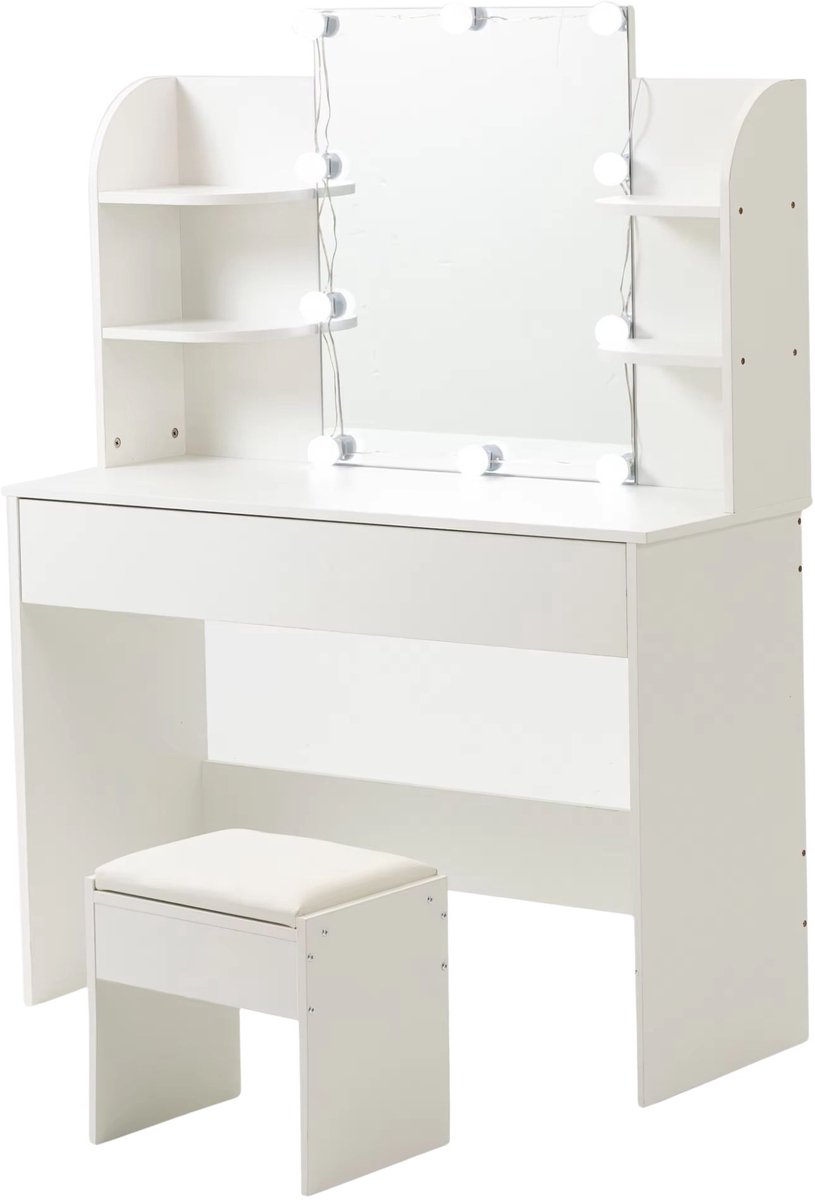 Kaptafel – Voor slaapkamer – Dressoir met lade, spiegel en kruk – Wit