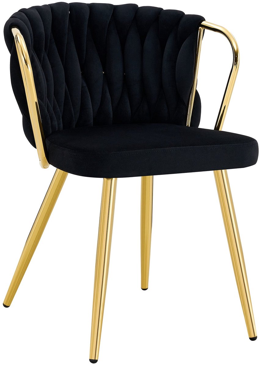 Merax Eetkamerstoel met Fluwelen Bekleding - Moderne Gestoffeerde Stoel met Gevlochten Rugleuning en Goudkleurige Metalen Poten - Ergonomische Fauteuil voor Eetkamer - Woonkamer en Keuken - Zwart/Goud