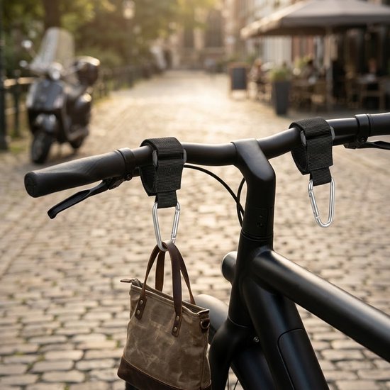 Zwart multifunctionele haken voor bolderkarren en fietsen set van 2 bevestigingshaken met karabijnhaak geschikt voor handkarren elektrische fietsen motoren kinderwagens en fietssturen draagbare ophanghaken — afbeelding 5