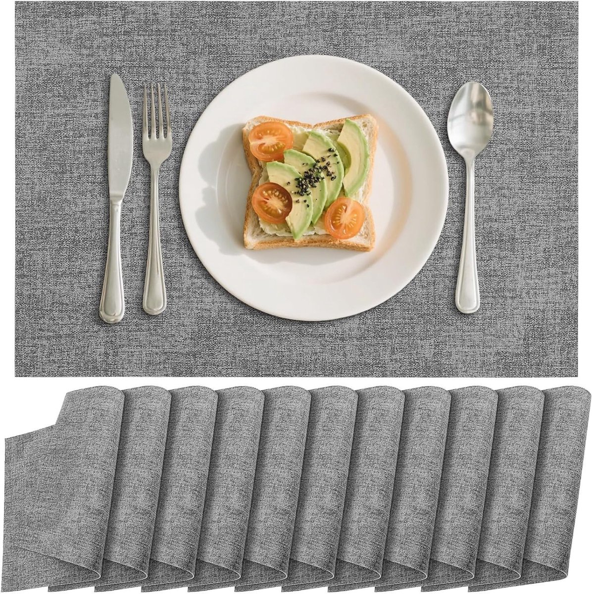 Set van 12 Woven Vinyl Placemat, PVC Tafelmatten, Warmtebestendig, Antislip en Wasbaar voor Eetkamer, Keuken en Restaurant, 45 x 30 cm, Zwart en Zilver