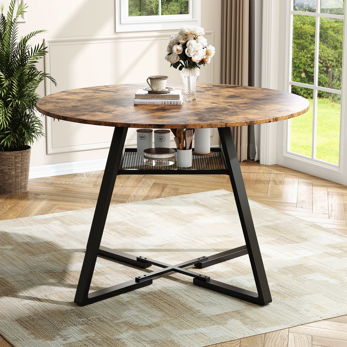 Ronde Eettafel 120 cm – Dining Tafel voor 6 Personen met Houten Onderstel voor Keuken & Eetkamer