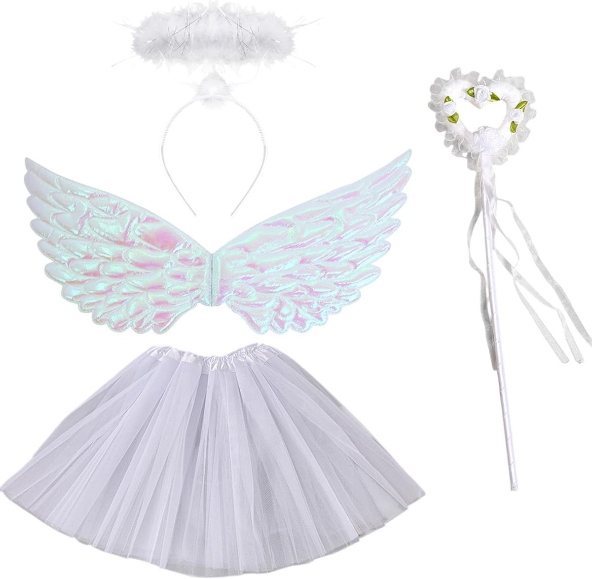 Engel Kostuum voor Meisjes, Set van 4 Engelenvleugels, Rok, Halo & Toverstaf, Feestkleding voor Carnaval, Halloween en Cosplay