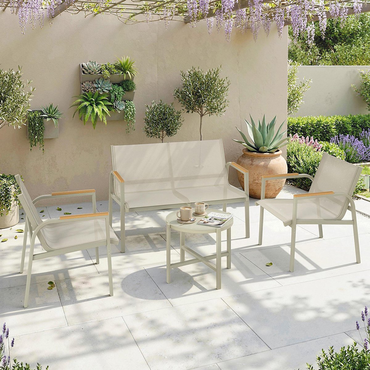 Pugsdrly Tuinmeubelset, weerbestendig, metalen zitgroep voor 4 personen, tuinlounge met 2-zitsbank, 2 fauteuils, bijzettafel, groen