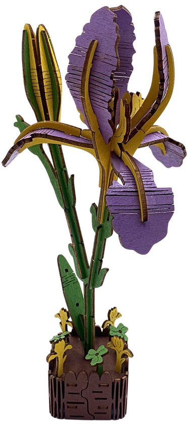 Houten 3D-puzzel van een paarse iris, staand in een bruin houten potje met kleine gele bloempjes aan de zijkant.