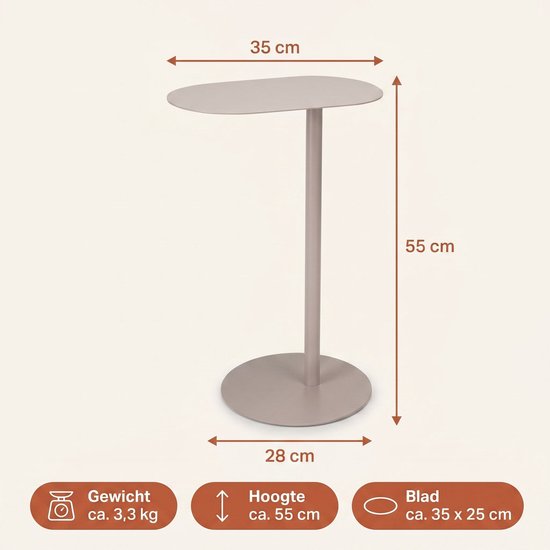 Lichtbruin, ovaal metalen bijzettafeltje: 35 cm breed, 55 cm hoog, 28 cm diep. Blad: 35 x 25 cm.