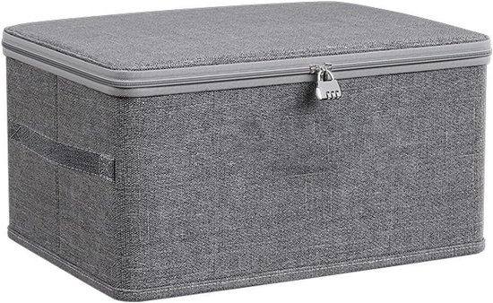 Grijze opbergbox van textiel met rits, handgrepen aan de zijkant en een cijferslot op het deksel.