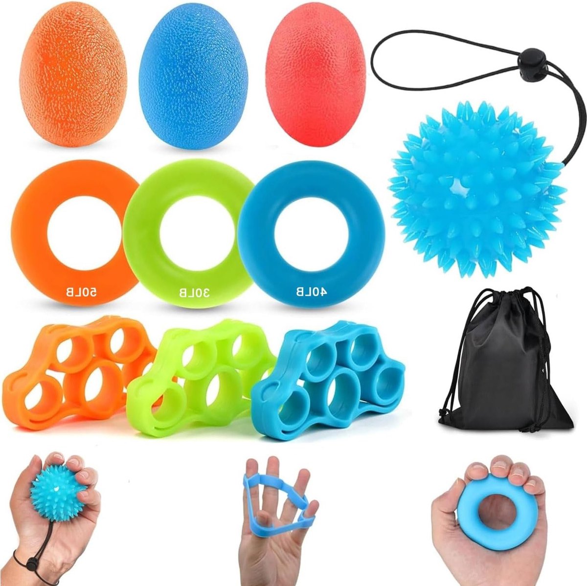 Handtrainer Set voor Vinger- en Handversterking, Knetballen voor Handtherapie, 10 Stuks met 3 Diktevarianten voor Osteoartritis en Revalidatie