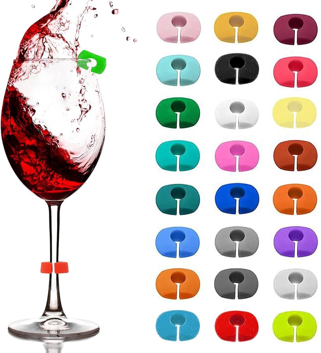 Herbruikbare siliconen glasmarkers en hangers voor wijn-, champagne-, cocktail- en martiniglazen - 24 stuks in verschillende kleuren voor feestelijke gelegenheden