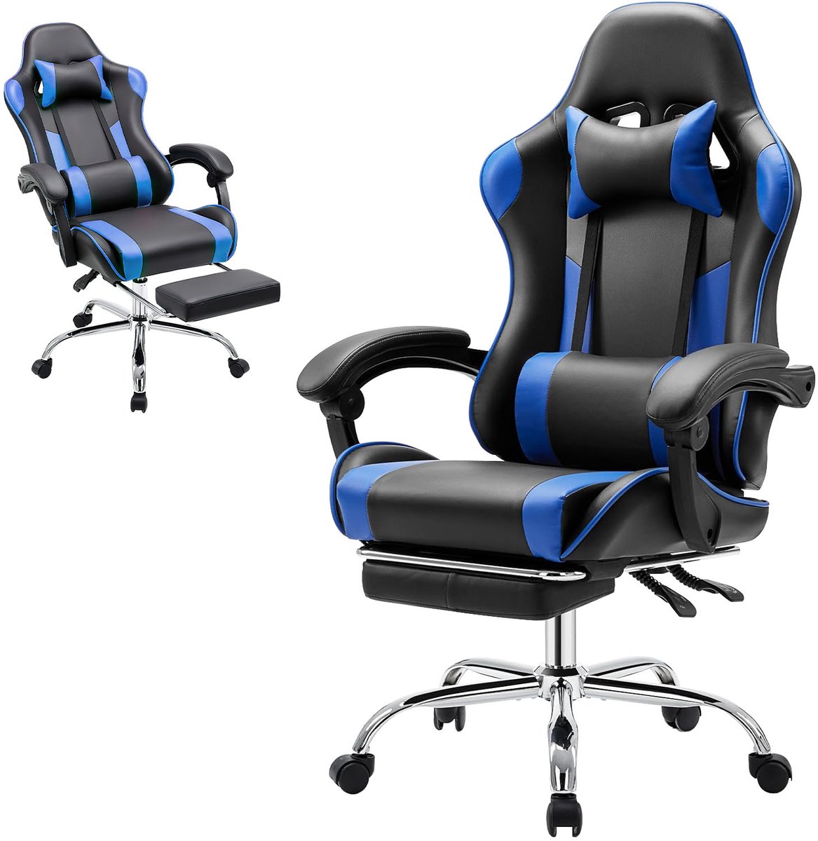 Gamingstoel / Ergonomische Bureaustoel - Kunstleer - Met Voetensteun, Hoofdsteun & Lendenkussen - Verstelbare Hoogte - 125 kg Draagvermogen