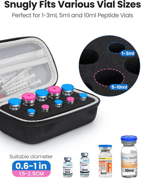 Namajunas - Peptide case - 10 Slots Flesjes Insuline Koelkast Houder Opbergkoffer - Stevige Peptide Opbergkoffer voor Koelkast Reizen voor 1 ml, 3 ml, 5 ml, 10 ml Flesjes - Flesjesbeschermer voor GLP-1 - Medische Koeltas - Etui - Koeltasje van Namajunas — afbeelding 4