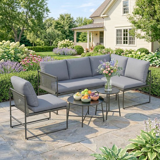 Pugsdrly Lounge tuinmeubelset voor 4-5 personen, tuinloungeset met 2-zits tuinbank, salontafel, stoel, dikke wasbare kussens