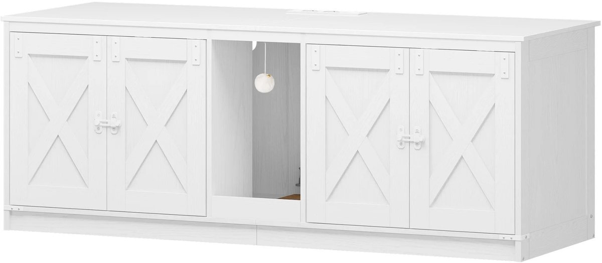 NordHaus Kattenkast - Verborgen Kattenbak Meubel - Kattenhuis voor 2 Katten - USB & Stopcontacten - Wit 140 cm