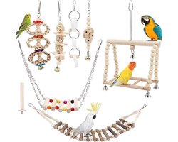 Houten Papegaaienspeelgoed Set met Hangende Klok - Geschikt voor Valkparkieten, Vinken en Parkieten - Natuurlijk Hout - Kauwen en Swingen voor Vogels