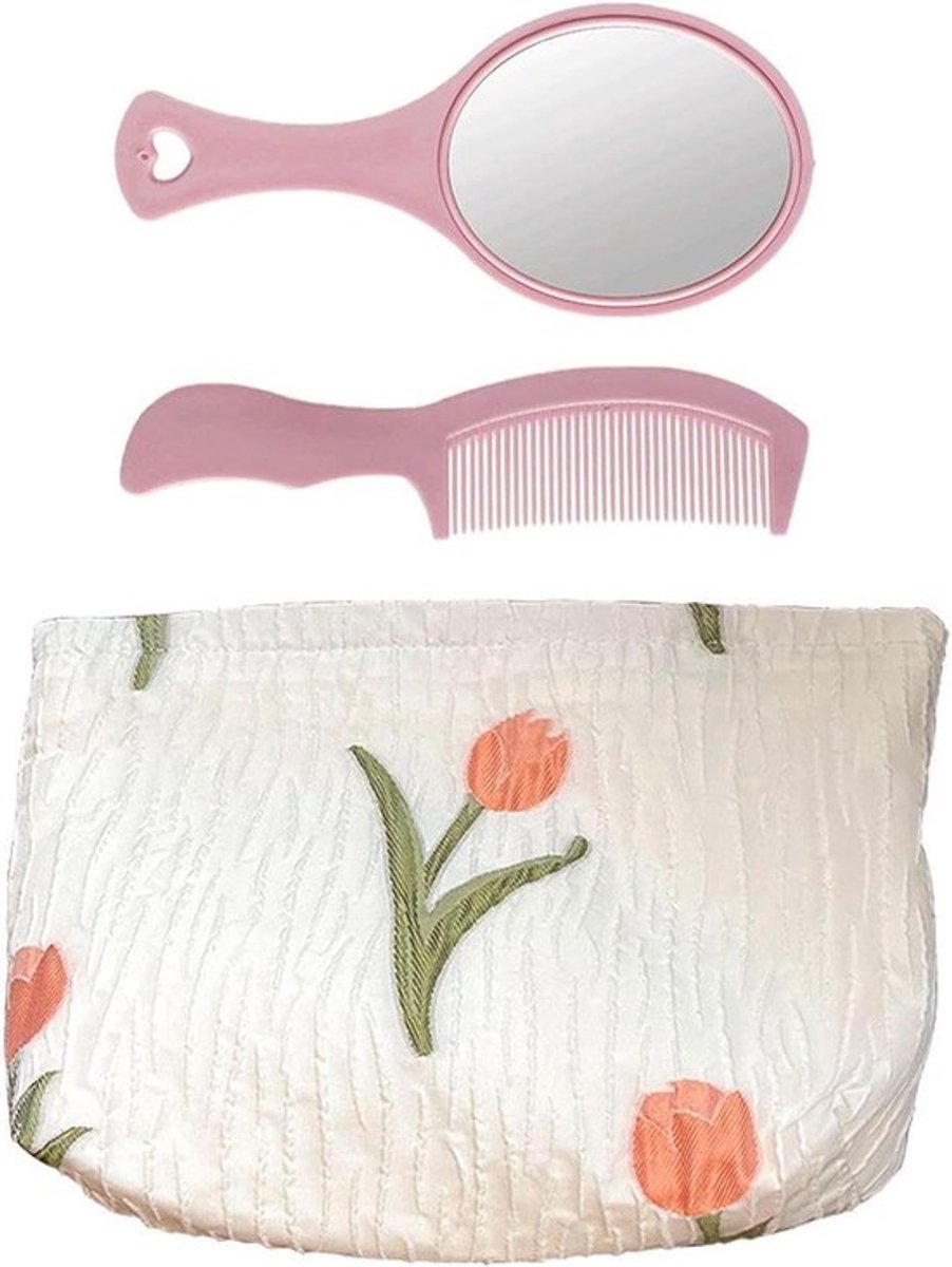 Tulpen cosmeticatasje met handspiegel, kam en verse bloemen - grote capaciteit