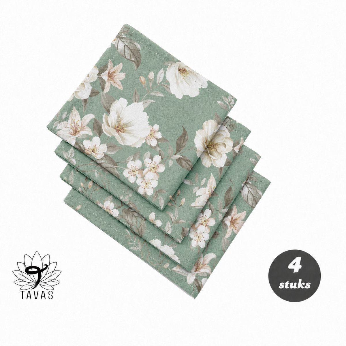 Tavas Servetten - 30 x 30 cm - Set van 4 stuks - Saliegroen - Vintage Blossom - Katoen
