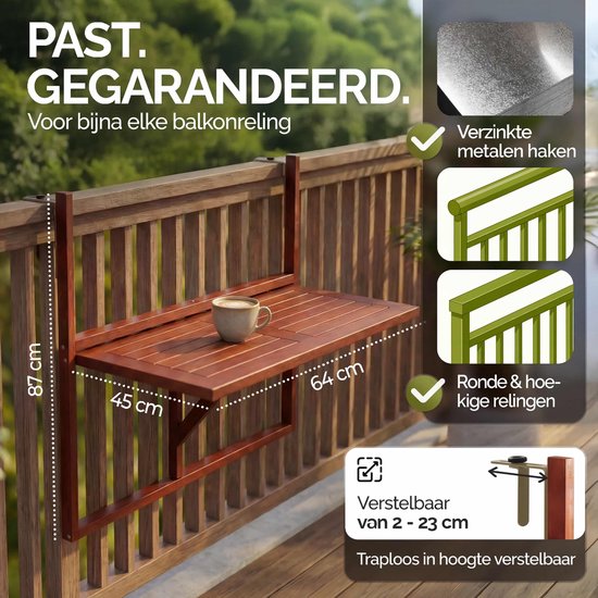 Houten klaptafel aan een reling, 64 cm breed, 45 cm diep, 87 cm hoog. Verstelbaar van 2-23 cm.