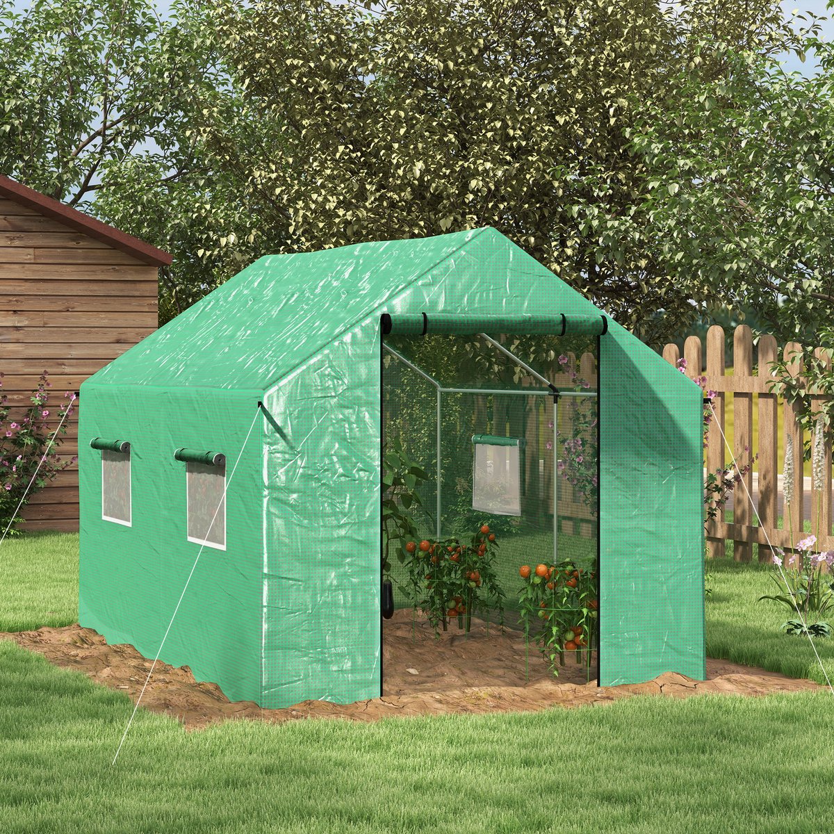 REDOM - Tunnelkas - Met Roldeur En 4 Raamopeningen - Voor Buiten - Verzinkt Staal - Groen - 200 X 300 X 200 Cm